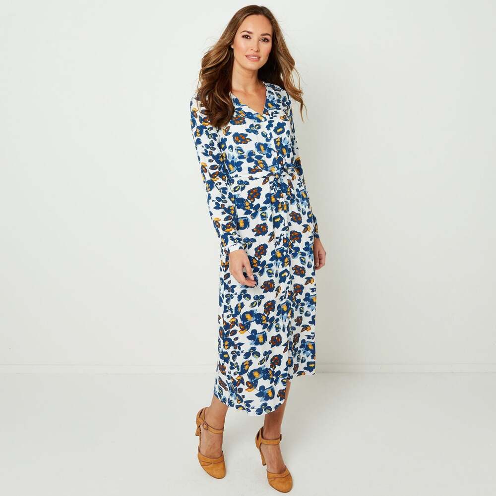 Joe Browns White Blue Floral Long Sleeve Midi Dress Front Tie